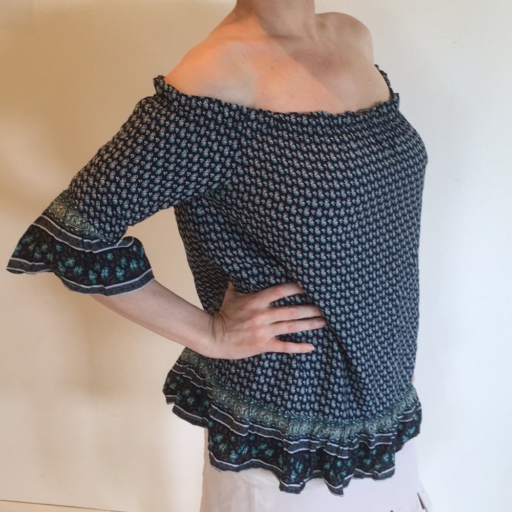 LOVE brand floral blue green off shoulder blouse plus - Picture 5 of 6